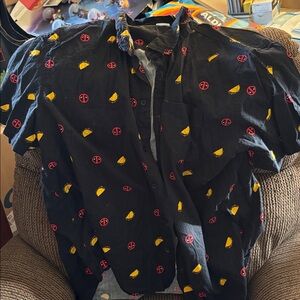 Marvel Deadpool  Black button down shirt with Red Logo and yellow tacos